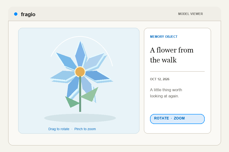 Illustrated acrylic flower memory object rotating in the model viewer.